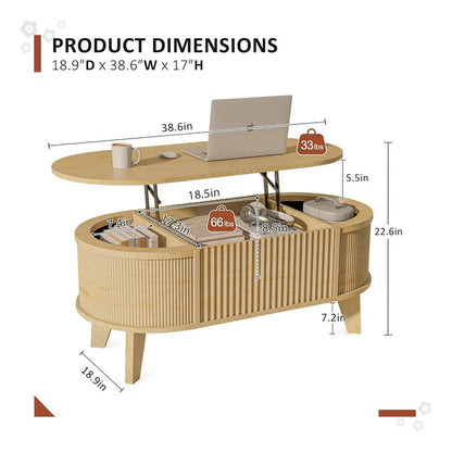 Mesa De Centro Elevable Con Almacenamiento Acanalada Marrón Claro