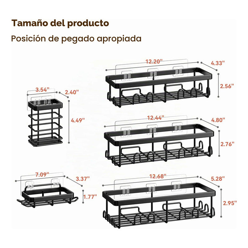 Organizador De Ducha 5 Pack Sin Taladrar Capacidad Extra Gra Black