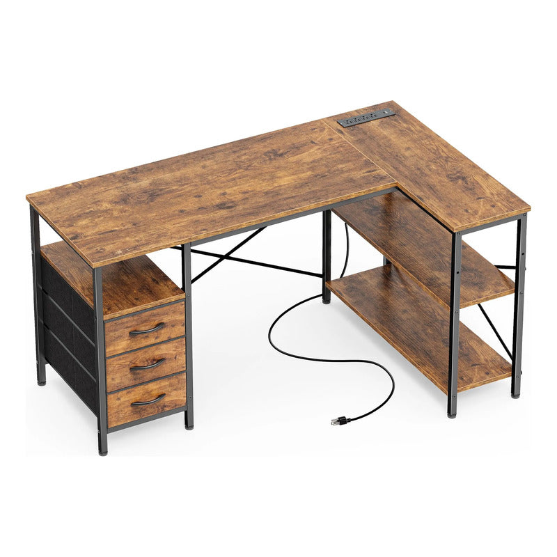 Escritorio En L Con Tomas De Corriente 120 Cm Marrón Rústico Marron Rustico