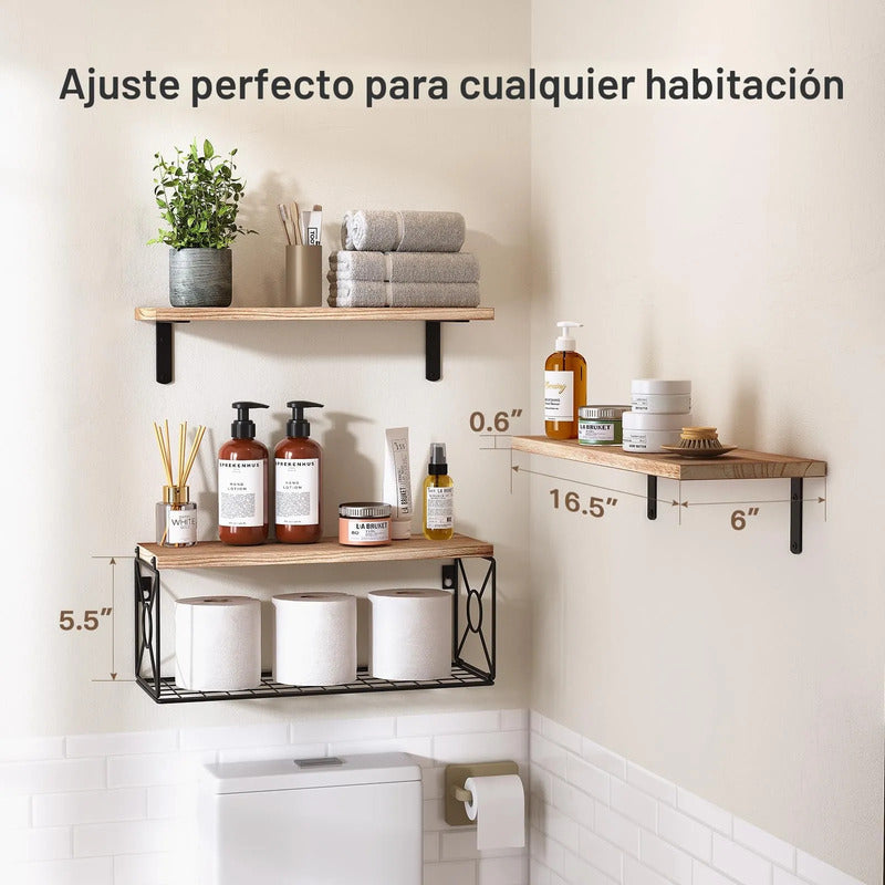 Estante Flotante De Madera Para Baño Cocina 3 Niveles Ahorro Madera Natural