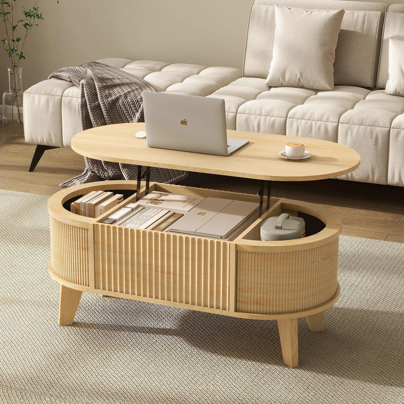 Mesa De Centro Ovalada Moderna Con Tapa Elevable Y Almacenam Natural
