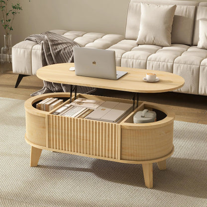 Mesa De Centro Ovalada Moderna Con Tapa Elevable Y Almacenam Natural