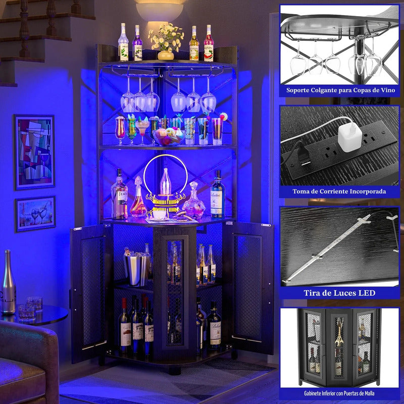 Gabinete Bar De Esquina Con Luz Led Y Carga Usb 5 Estantes Negro