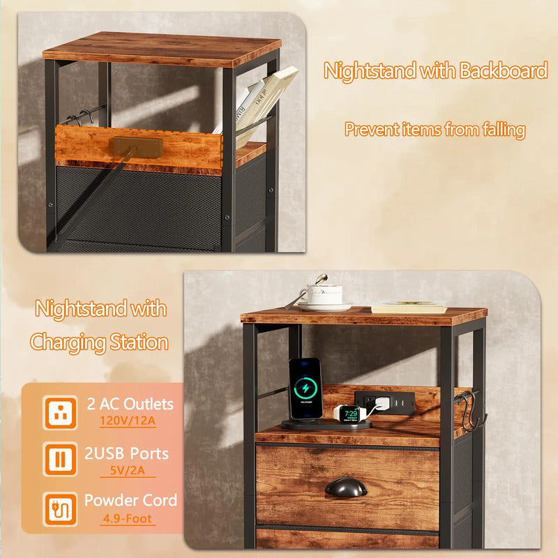 Mesa Auxiliar Con Estación De Carga Y Puertos Usb Marrón Rús Laminado Marron Rustico