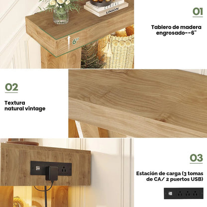 Mesa De Entrada De Roble Natural Con Enchufe Y Luz Sensor 12 Roble Natural