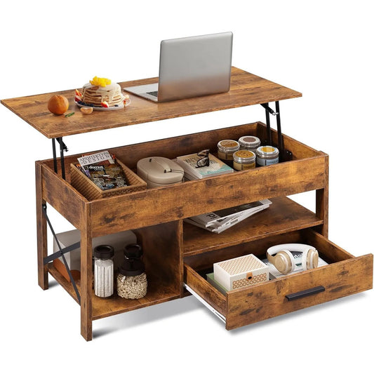Mesa De Centro Elevable 99 Cm Marrón Rústico Con Almacenamie Marron Rustico