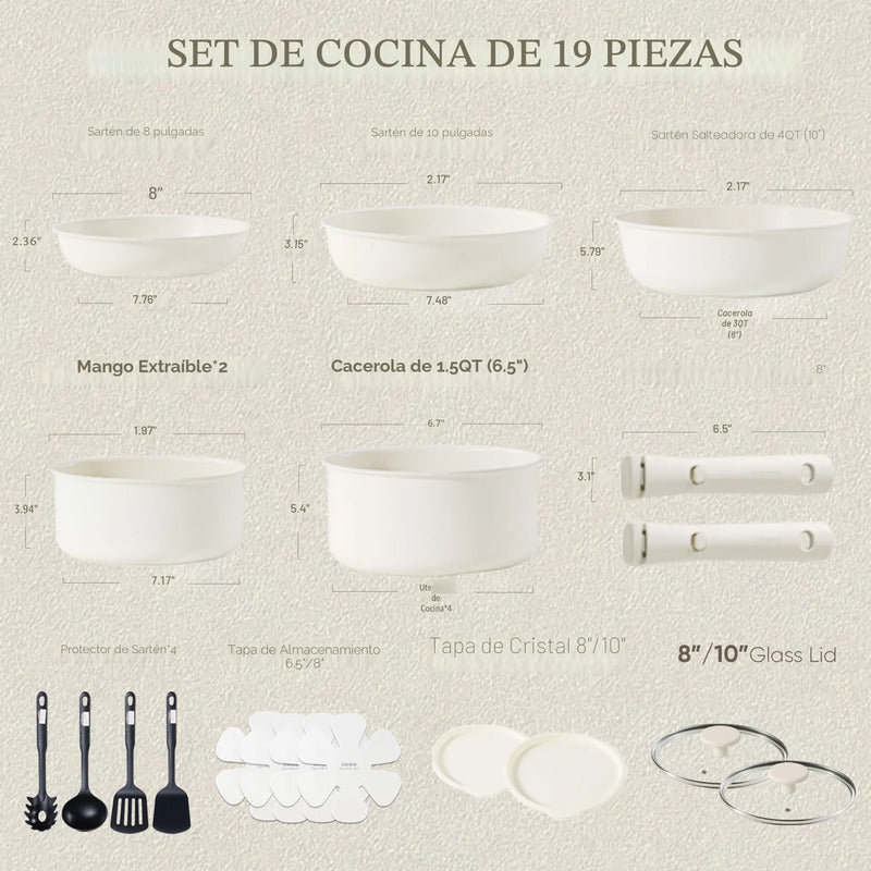 Juego De 19 Ollas Y Sartenes Antiadherentes Apilables Blanco Crema