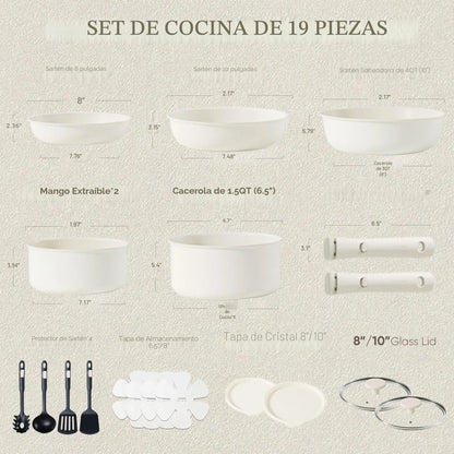 Juego De 19 Ollas Y Sartenes Antiadherentes Apilables Blanco Crema