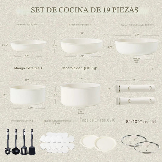 Juego De 19 Ollas Y Sartenes Antiadherentes Apilables Blanco Crema