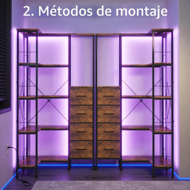 Estantería De Esquina Con Tiras Led Y 6 Estantes Grandes Marron Rustico