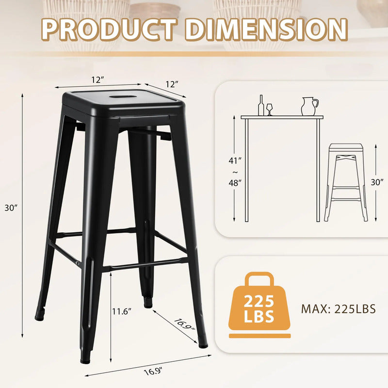 Juego De 4 Taburetes De Bar Metálicos Apilables Negros 76 Cm Negro Oscuro