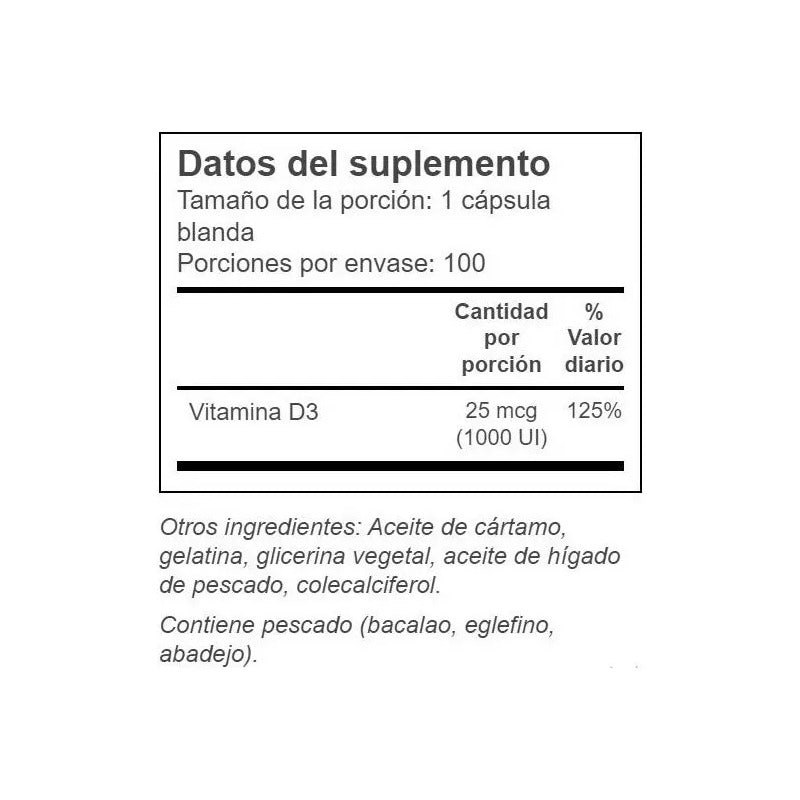 Vitamina D3 Cholecalciferol 25 Mcg 1000 Iu 100 Softgels Sin Sabor