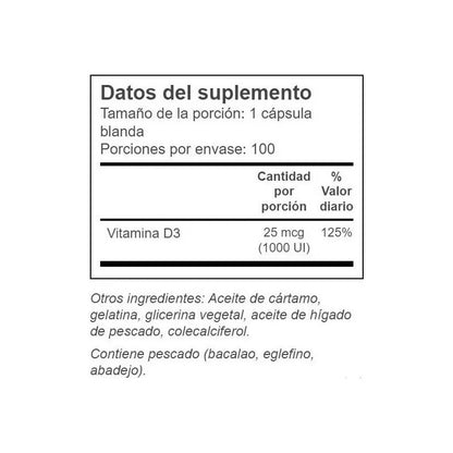 Vitamina D3 Cholecalciferol 25 Mcg 1000 Iu 100 Softgels Sin Sabor