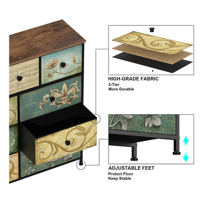 Cómoda Con 9 Cajones De Tela Patrón Floral Para Dormitorio Marrón