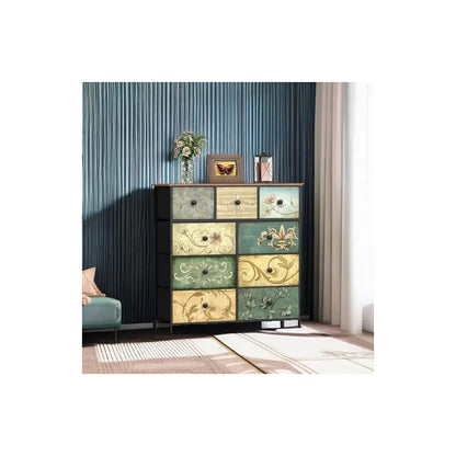 Cómoda Con 9 Cajones De Tela Patrón Floral Para Dormitorio Marrón