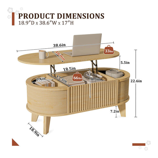 Mesa De Centro Ovalada Moderna Con Tapa Elevable Y Almacenam Natural