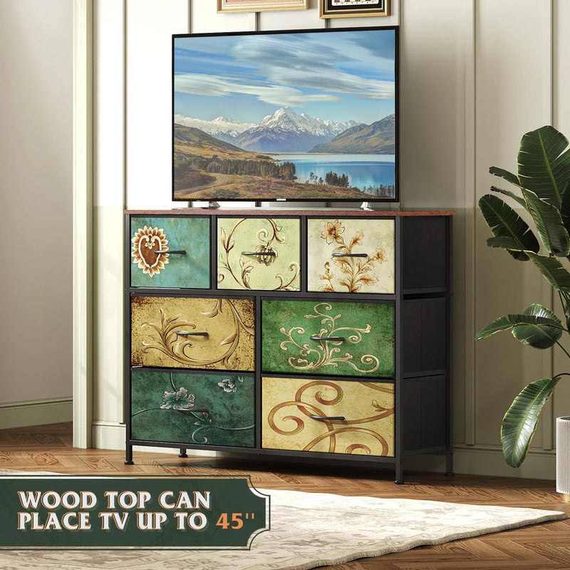 Mueble De Tv 7 Cajones Mesa Consola Para Tv 45 Pulgadas Pintado Floral