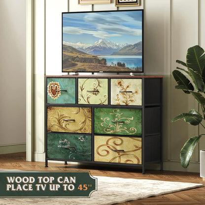 Mueble De Tv 7 Cajones Mesa Consola Para Tv 45 Pulgadas Pintado Floral