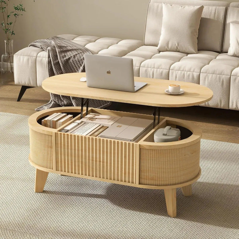 Mesa De Centro Elevable Con Almacenamiento Acanalada Marrón Claro