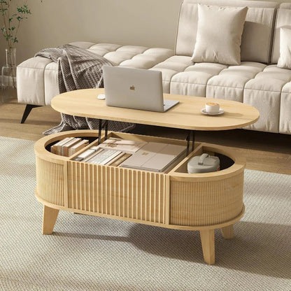 Mesa De Centro Elevable Con Almacenamiento Acanalada Marrón Claro