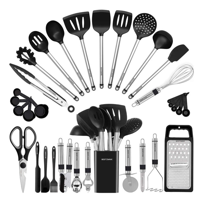 Juego De Utensilios De Cocina De Silicona 33 Piezas Antiadhe Negro