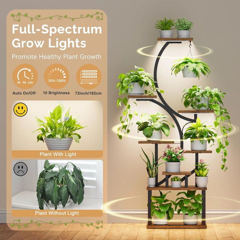 Soporte Para Plantas De Interior Con Luces De Cultivo 8 Nive Marrón Rústico + Negro