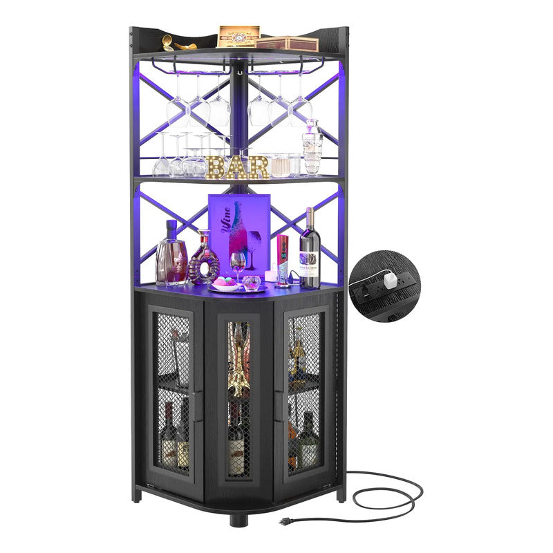 Gabinete Bar De Esquina Con Luz Led Y Carga Usb 5 Estantes Negro
