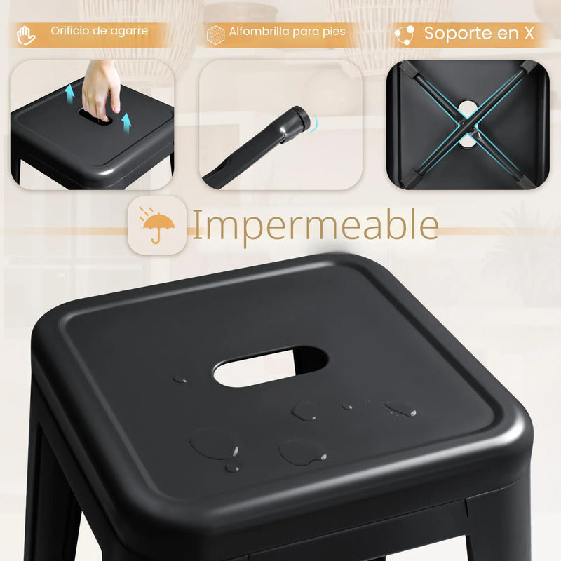 Juego De 4 Taburetes De Bar Metálicos Apilables Negros 76 Cm Negro Oscuro
