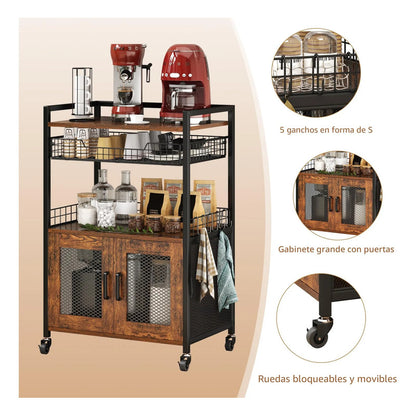 Gabinete De Barra De Café 3 Niveles Con Ruedas Y Cajón Extra Marron Rustico