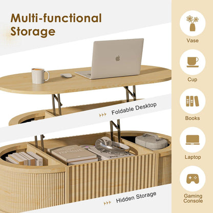 Mesa De Centro Ovalada Moderna Con Tapa Elevable Y Almacenam Natural