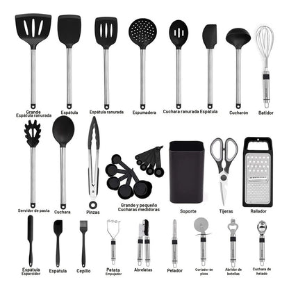 Juego De Utensilios De Cocina De Silicona 33 Piezas Antiadhe Negro