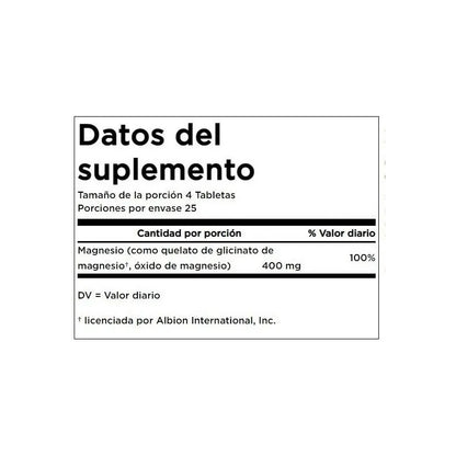 Magnesio Quelado 100 Tabletas Apoyo Al Estrés Solgar Sin Sabor