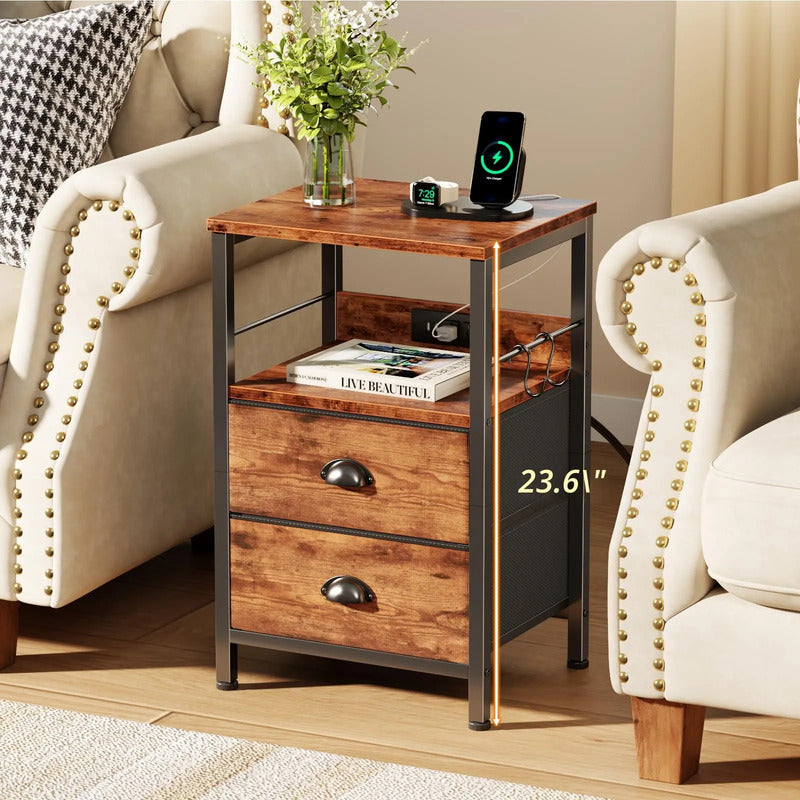Mesa Auxiliar Con Estación De Carga Y Puertos Usb Marrón Rús Laminado Marron Rustico