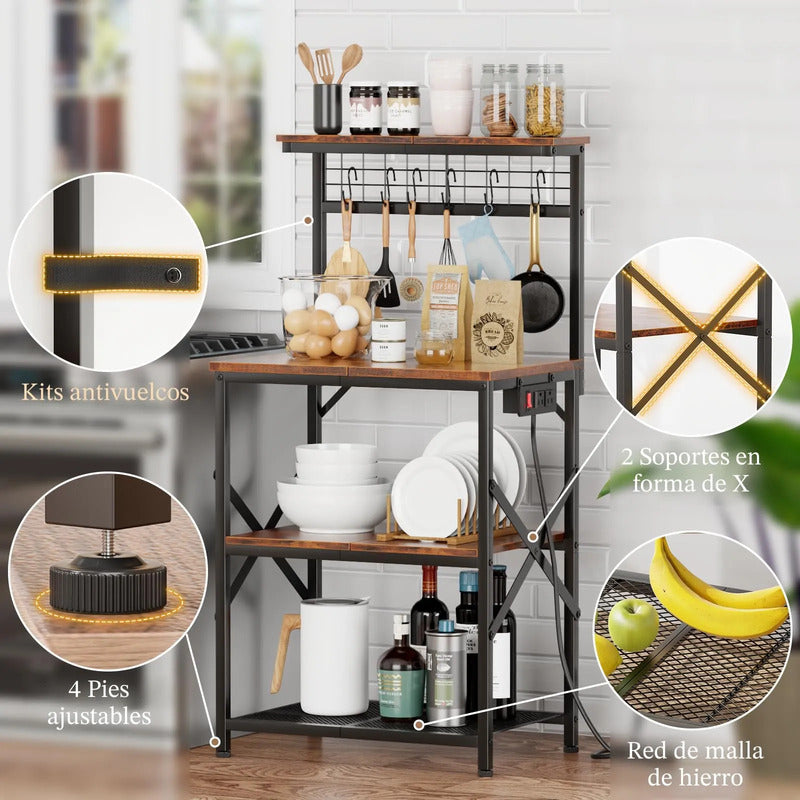 Estante De Cocina Con Enchufe Y 4 Niveles De Almacenamiento Marrón Rústico