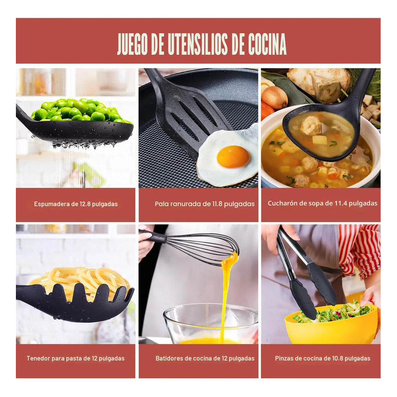 Juego De Utensilios De Cocina 18 Piezas Silicona Y Cuchillos Negro