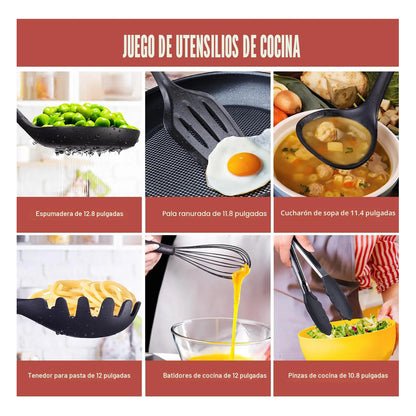 Juego De Utensilios De Cocina 18 Piezas Silicona Y Cuchillos Negro