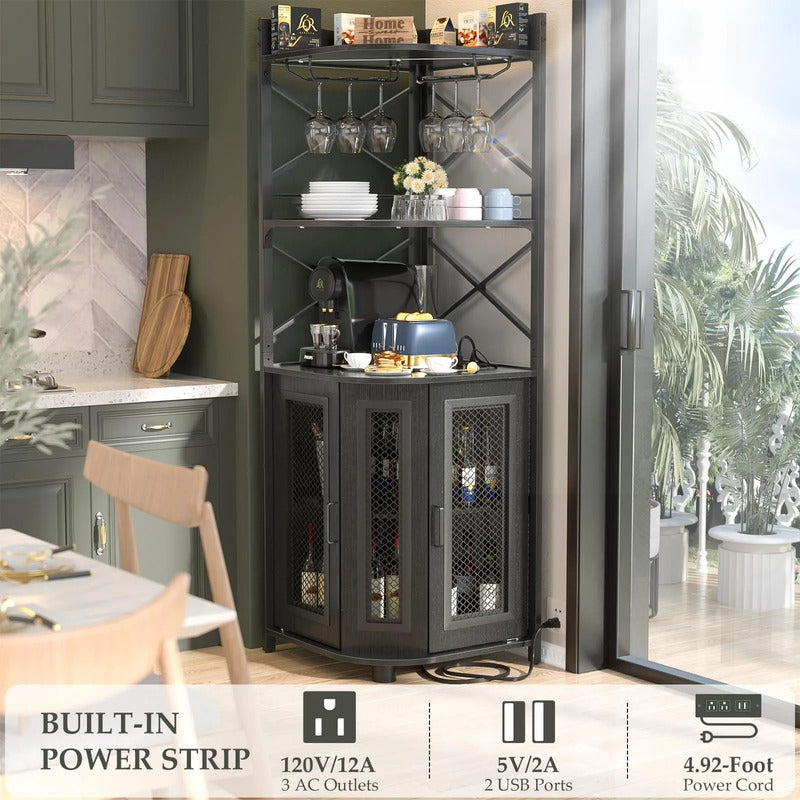 Gabinete Bar De Esquina Con Luz Led Y Carga Usb 5 Estantes Negro