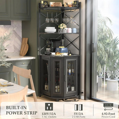 Gabinete Bar De Esquina Con Luz Led Y Carga Usb 5 Estantes Negro