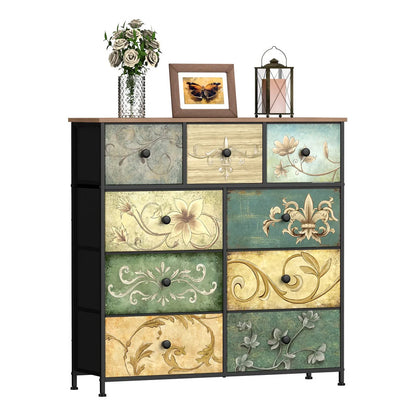 Cómoda Con 9 Cajones De Tela Patrón Floral Para Dormitorio Marrón