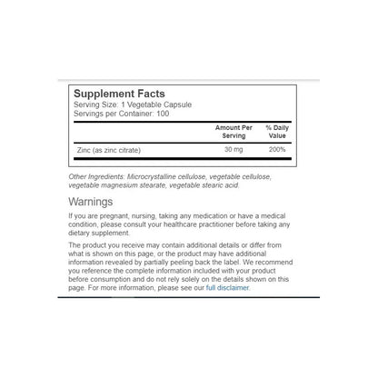 Solgar Zinc Citrate 30mg 100cap Sin Sabor