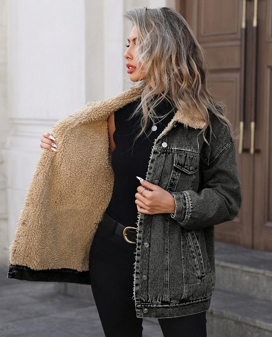 Chaqueta de mezclilla de estilo juvenil, con forro polar cálido para mujer