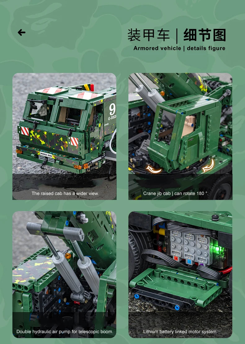 Detalle Mould King 20009 - Grúa Neumática de Recuperación Blindada RC (5539 Piezas)